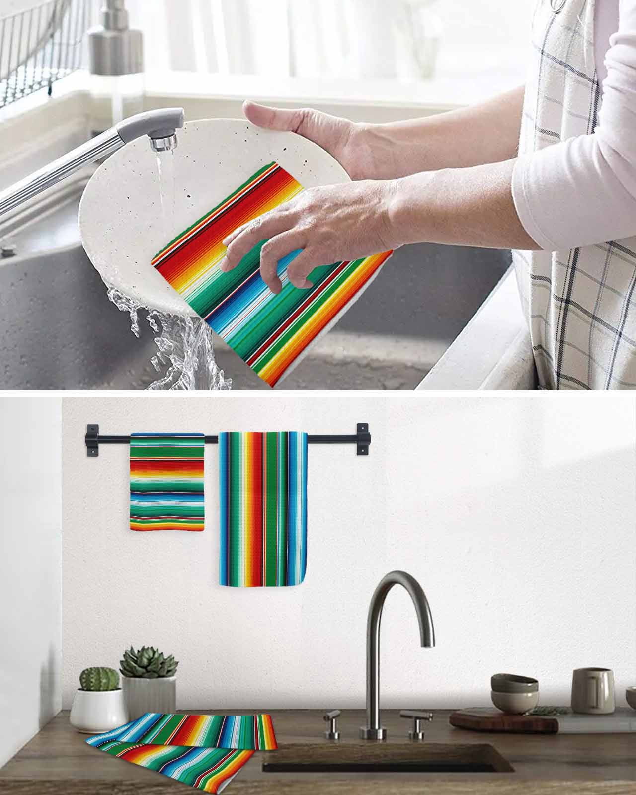 Mexican Stripes Dish Towels Set, Waffle Weave Kitchen Towels 3 Pieces, Colorful Striped Mexican Fiesta Theme Microfiber Hair Face Bath Tea Towel Absorbent Quick Drying Cleaning Dish Cloths, 12"x12"