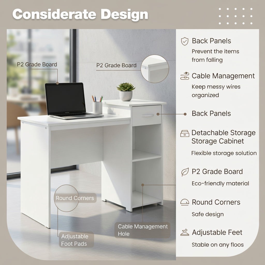 Spaco Computer Desk with Drawer Modern Laptop PC Desk with Adjustable Shelf and Cable Hole-White, Office Desk, Gaming Computer Desks for Study,Working,Writing