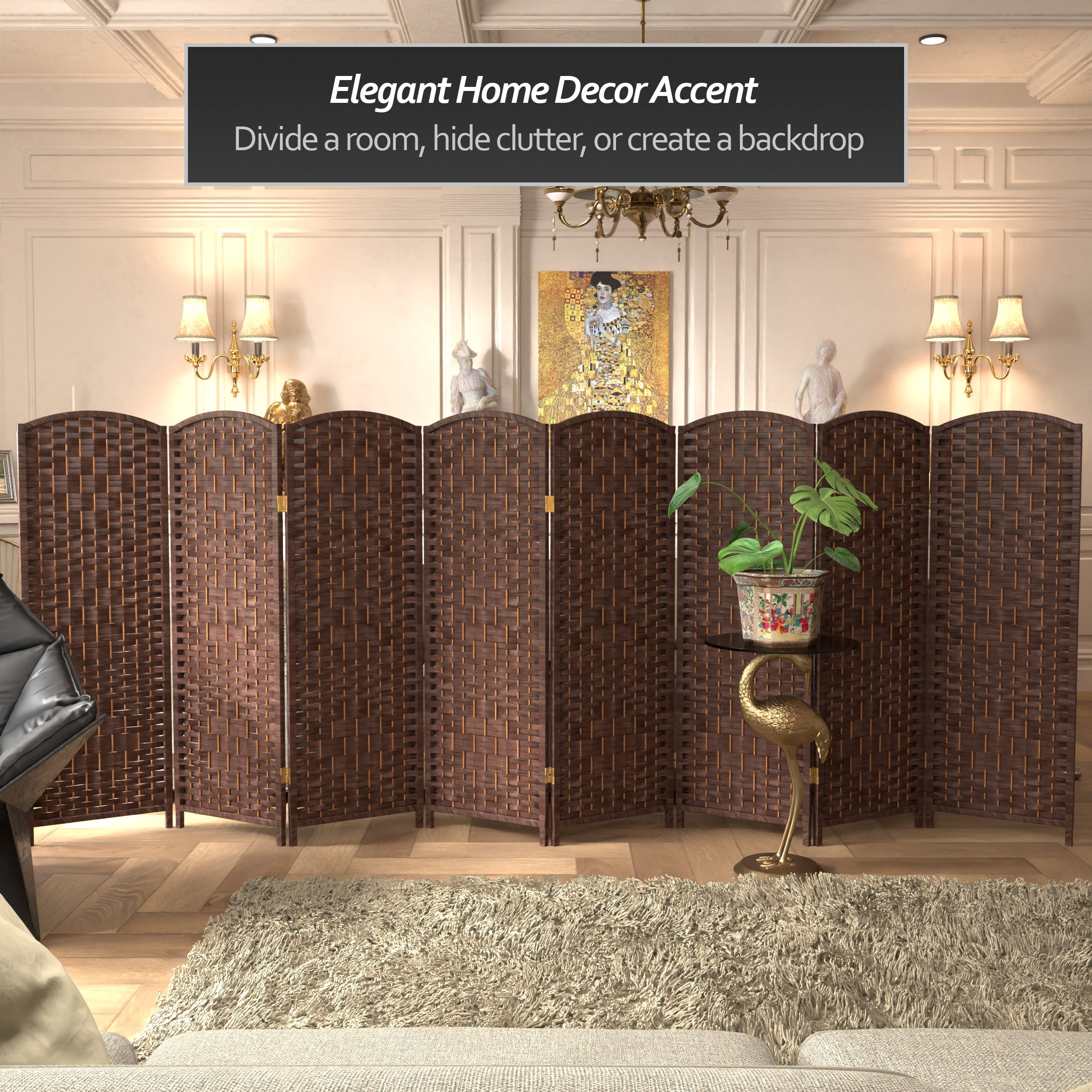 Red Lantern 4 ft. Short Diamond Weave Fiber Folding Screen - Dark Mocha - 8 Panel