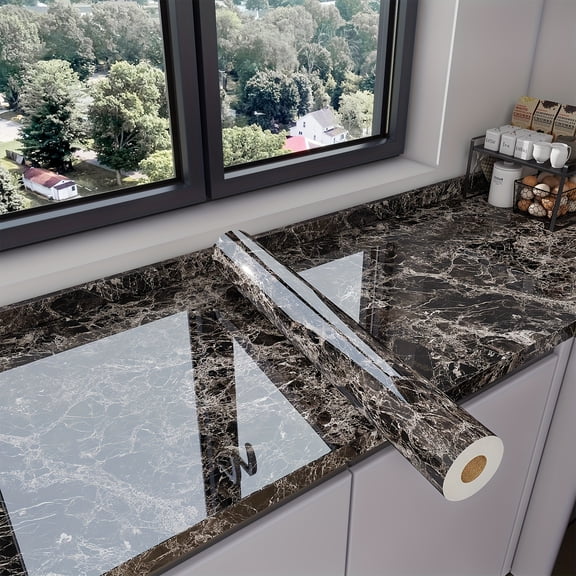 1 Roll Black Marble Peel & Stick Wallpaper - Waterproof Heat-Resistant Self-Adhesive Vinyl for Kitchen/Bathroom Countertops & DIY Furniture Makeover