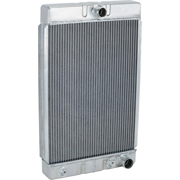 Speedway Motors Universal Aluminum Downflow Radiator 26 Inch Tall with Passenger Side Outlet, 2 Row 1 Inch Tubes, Built In Automatic Transmission Cooler for Hot Rod