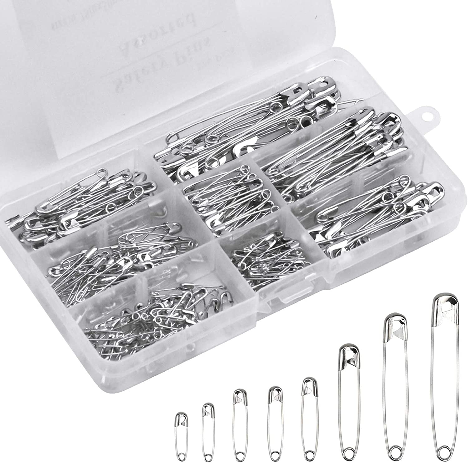 8 Sizes Metal Clothing Pins Small Medium Large Nickel Plated Pins with Plastic Box for Art Craft Clothing Tags Quilting Sewing Home Office Use Silver 270Pcs Assorted Safety Pins Set 