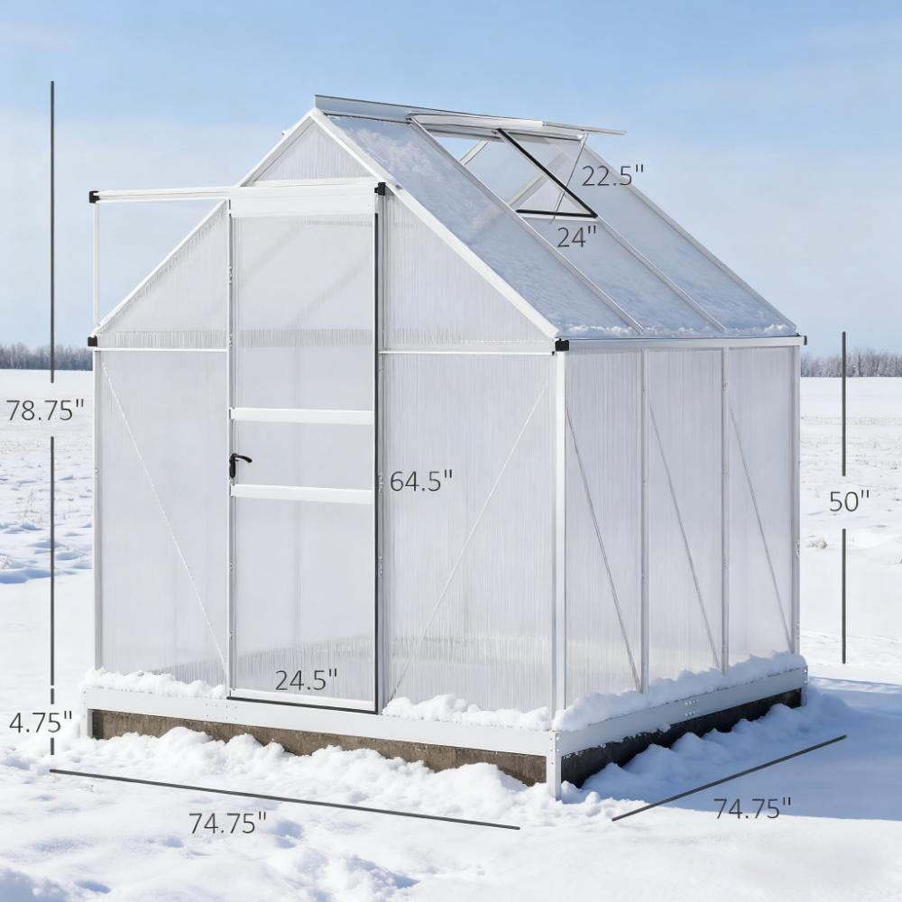 6x6 FT Greenhouse, Easy Assembly Polycarbonate Greenhouses with Adjustable Roof Vent, Large Aluminum Walk-in Greenhouse with Sliding Door, Silver