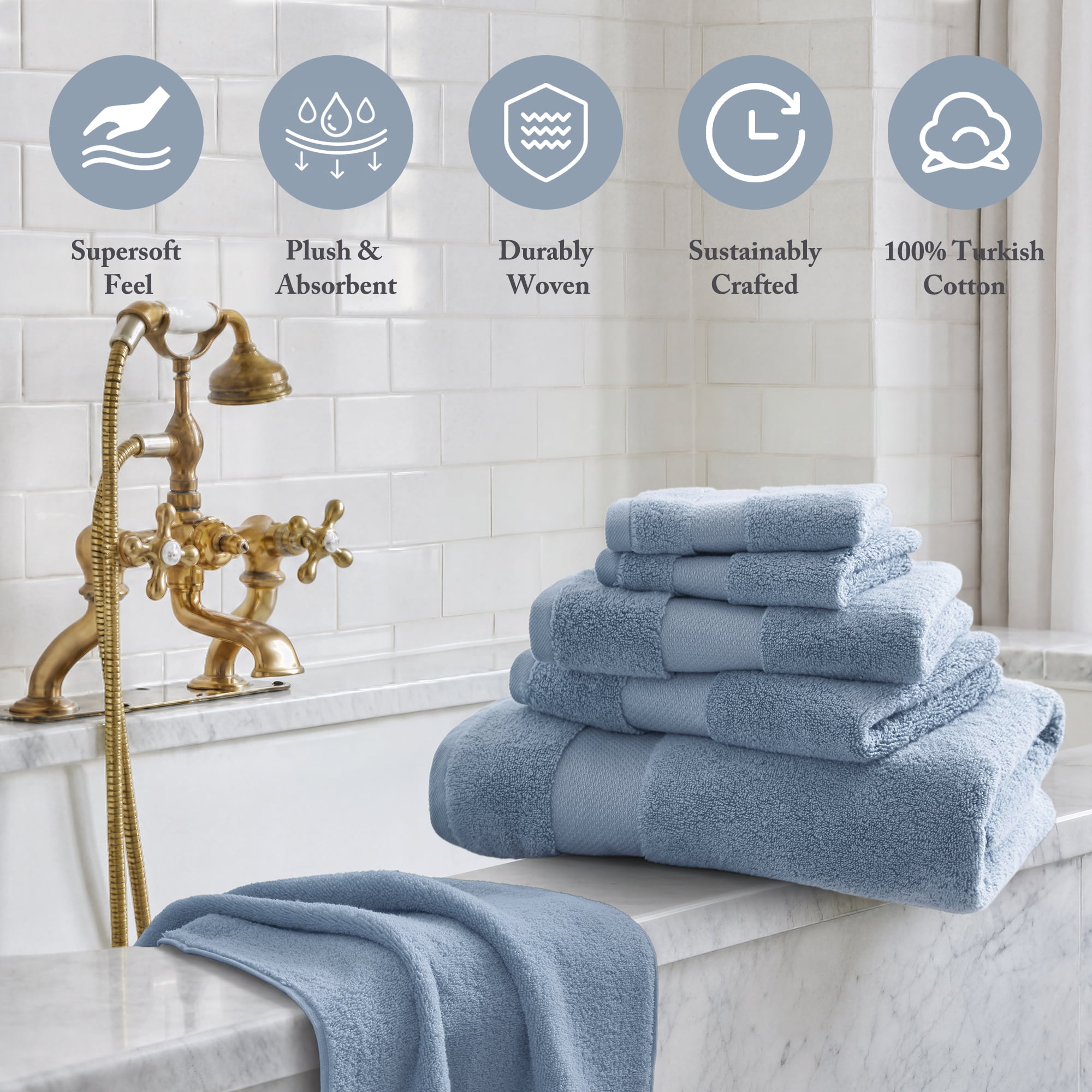 6-Piece Cotton Bath Towel Set,Soft Blue