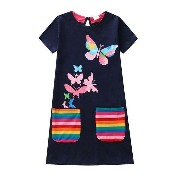 WIBACKER 3-7T Kids Little Girls Cotton Short Sleeve Butterfly Graphic Dress Stripe Casual Dresses