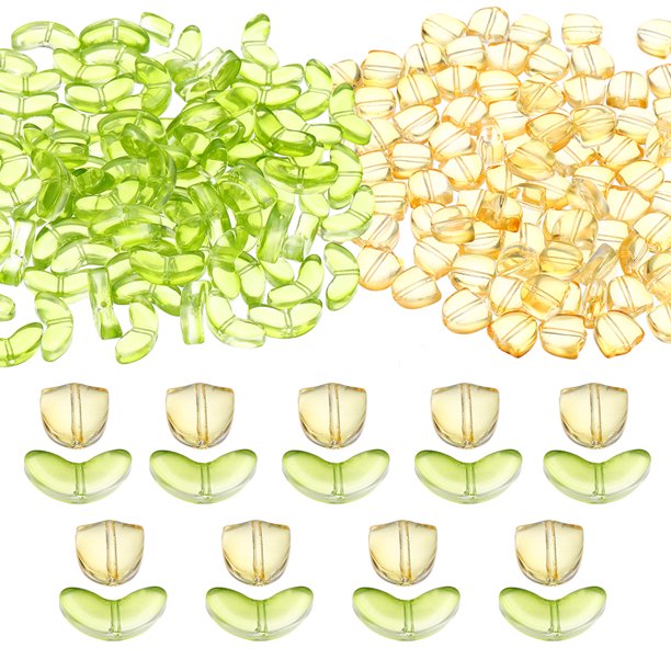 Uxcell cuentas de cristal en forma de tulipán, paquete de 200 cuentas de flores, cuentas espaciadoras de vidrio hechas a mano, amarillo/verde