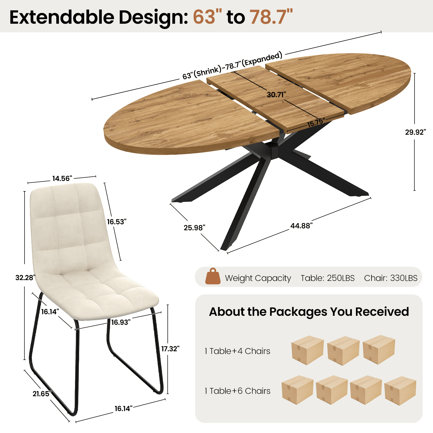 63"-78.7" Extendable Round Dining Table Set for 4, 5 Piece Mid Century Modern Oval Kitchen Table Set, Large Dining Table with 4 Dining Chairs for Living Room Space Saving