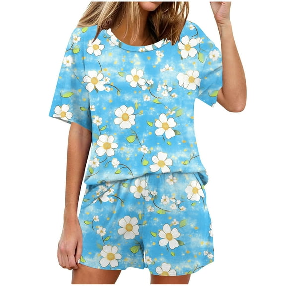 Weiqiqre Womens Tops Pajamas Short Sleeve Printed 2 Piece Lounge Sets Summer Tops and Pjs Shorts