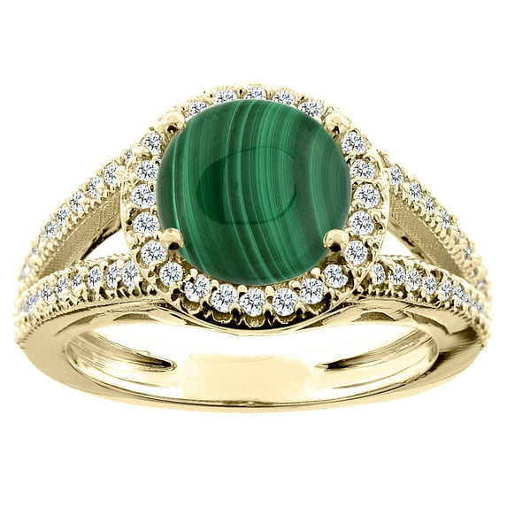 10K Yellow Gold Natural Malachite Ring Round 8mm Diamond Accent, size 9
