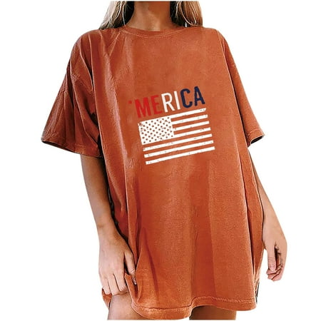 

Women s Classic-Fit Short-Sleeve Crewneck T-Shirt American Flag Print Crop Tops Summer Loose Short Sleeve T-Shirt Pullover Tops Orange