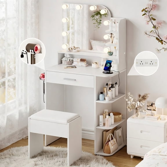 Pipleo 26.4" Small Makeup Vanity Set with Mirror and Lights, Modern Vanity Desk with Bench and Power Outlets