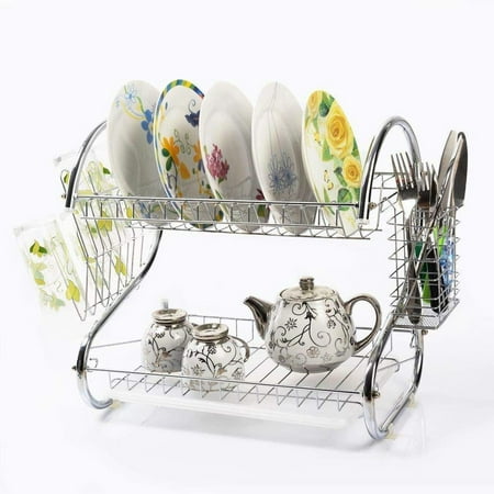 Dish Drainer Rack Pink 2-Tier Dish Drying Rack – Dish Drainer, Chrome Plating Dish Rack, Includes Utensil Holder, and Drain Board ()