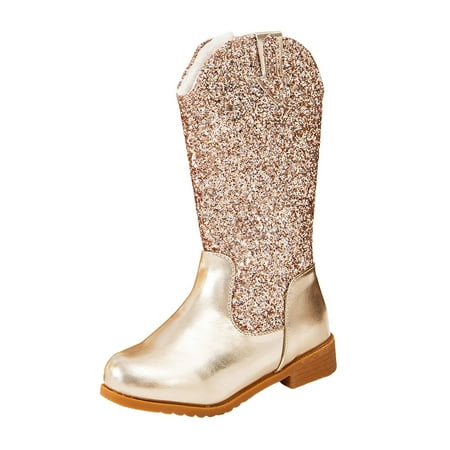 

Splozh Girls Cowgirl Boots Mid Calf Square Toe Western Boot for Kids Glitter Cowboy Boot Gold 13