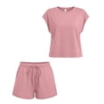 thumbnail image 4 of Girls 2 Piece Outfits Set Solid Color Round Neck Short Sleeve Top and Drawstring Shorts Set Summer Casual Loungewear Comfortable Clothing Sets with Pockets, 4 of 9