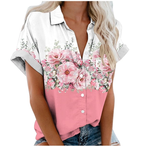 Mujeres Pantalones Cortos Impresos Manga Corta con Cuello en V Blusa Superior, Casual Y Elegante Corto para las Mujeres Verano Casual
