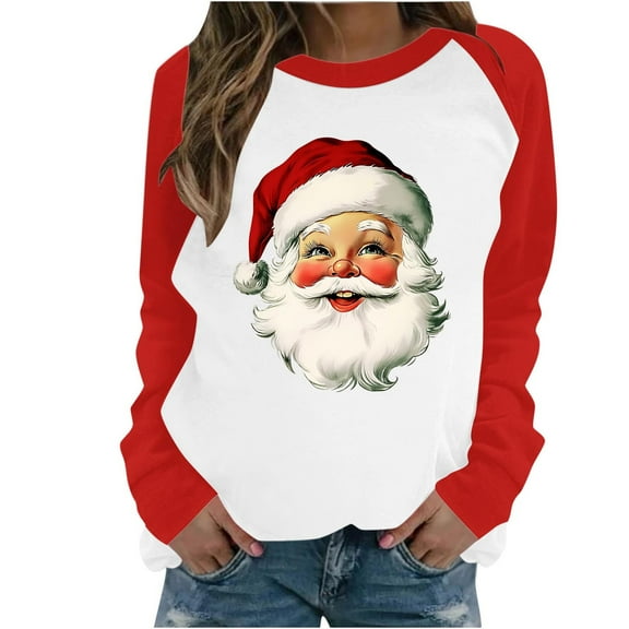 YUGYXL Merry Christmas Sweatshirts for Women Funny Graphic Pullover Fleece Raglan Sweater Warm Xmas Clothes B Red XXL
