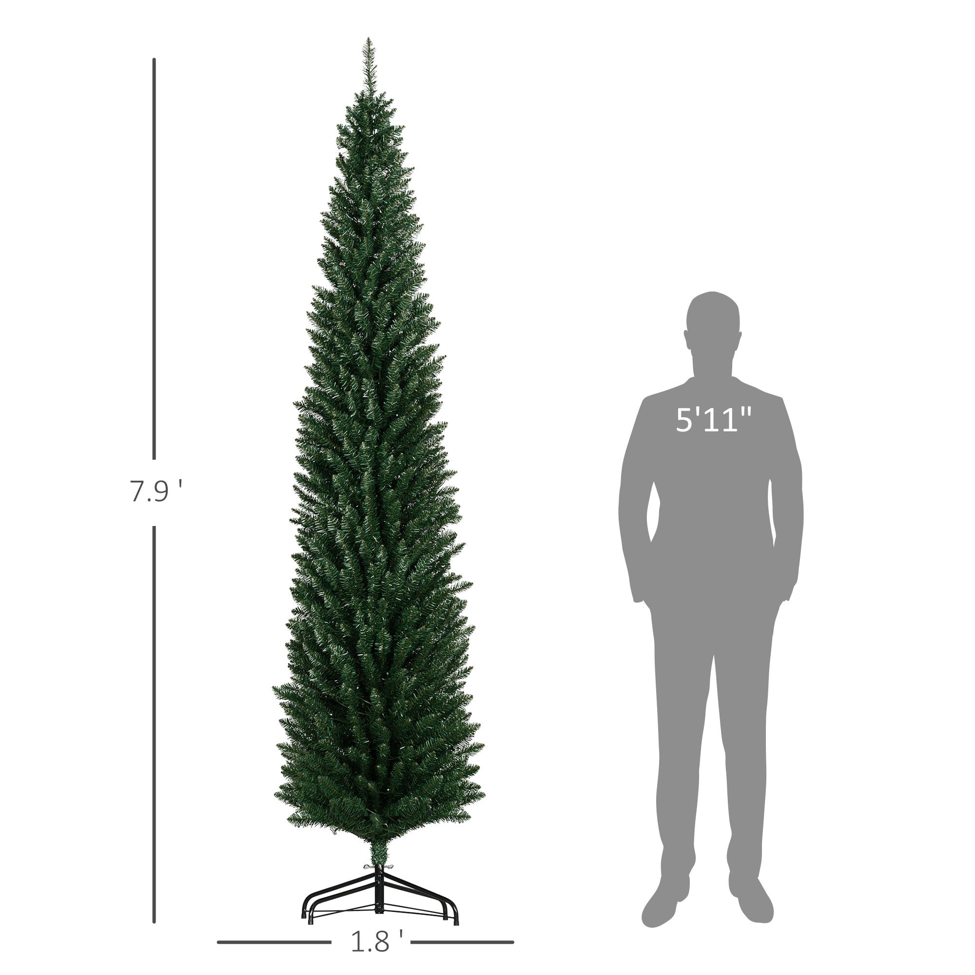 8 ft Artificial Pencil Christmas Tree with 250 Colorful LED Lights, 668 Tips, Steel Base, Skinny Slim Shape for Small Rooms and Entryways