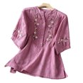 thumbnail image 3 of IUYRTFE Women's Short Sleeve Floral Embroidered Blouse Split Neck Button Up Summer Casual Tunic Top, 3 of 8