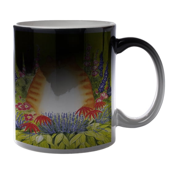 KuzmarK Black Heat Morph Color Changing Coffee Cup Mug 11 Ounce - Ginger Tabby Cat with Garden Flowers Art by Denise Every