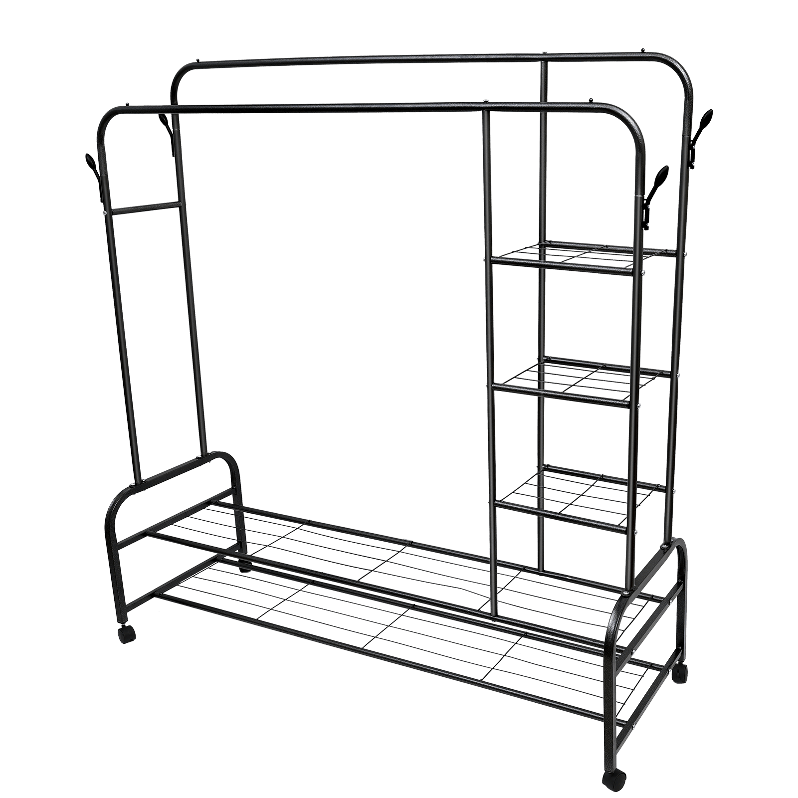 ALSO GO 3-In-1 Double Rod Clothes Rack with 4-Shelf, Metal Clothing Rack with Wheels & 4 Hooks, Portable Heavy Duty Garment Rack with Double Bottom Shelves, Freestanding Organizer  for Bedroom, Black