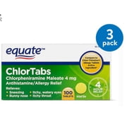 (3 pack) (3 Pack) Equate ChlorTabs Chlorpheniramine Antihistamine Tablets, 4 mg, 100 Ct