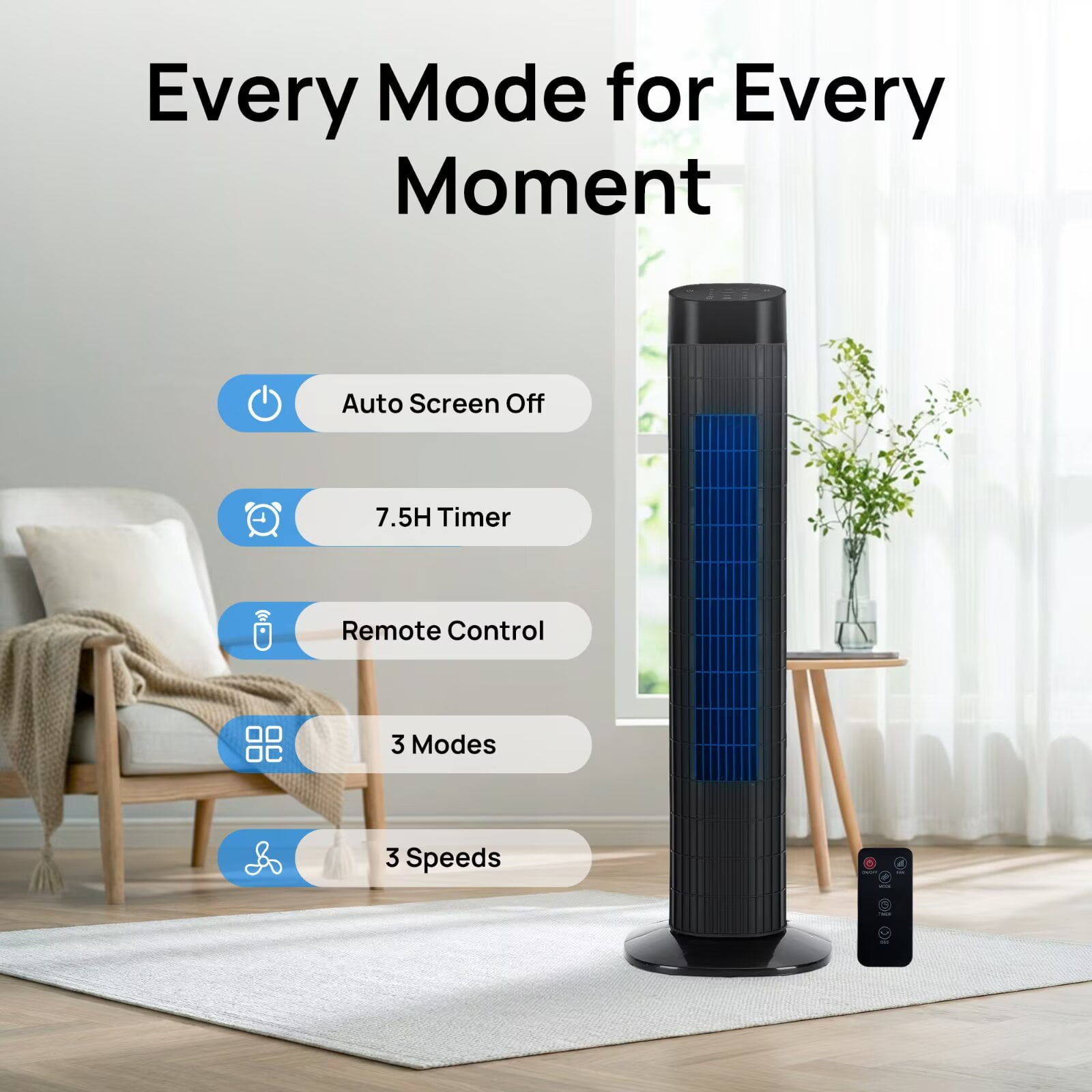 Tower Fan for Bedroom, 31" Oscillating Electric Fan with Remote, 3 Modes, Quiet Fan for Home, Office(Black)