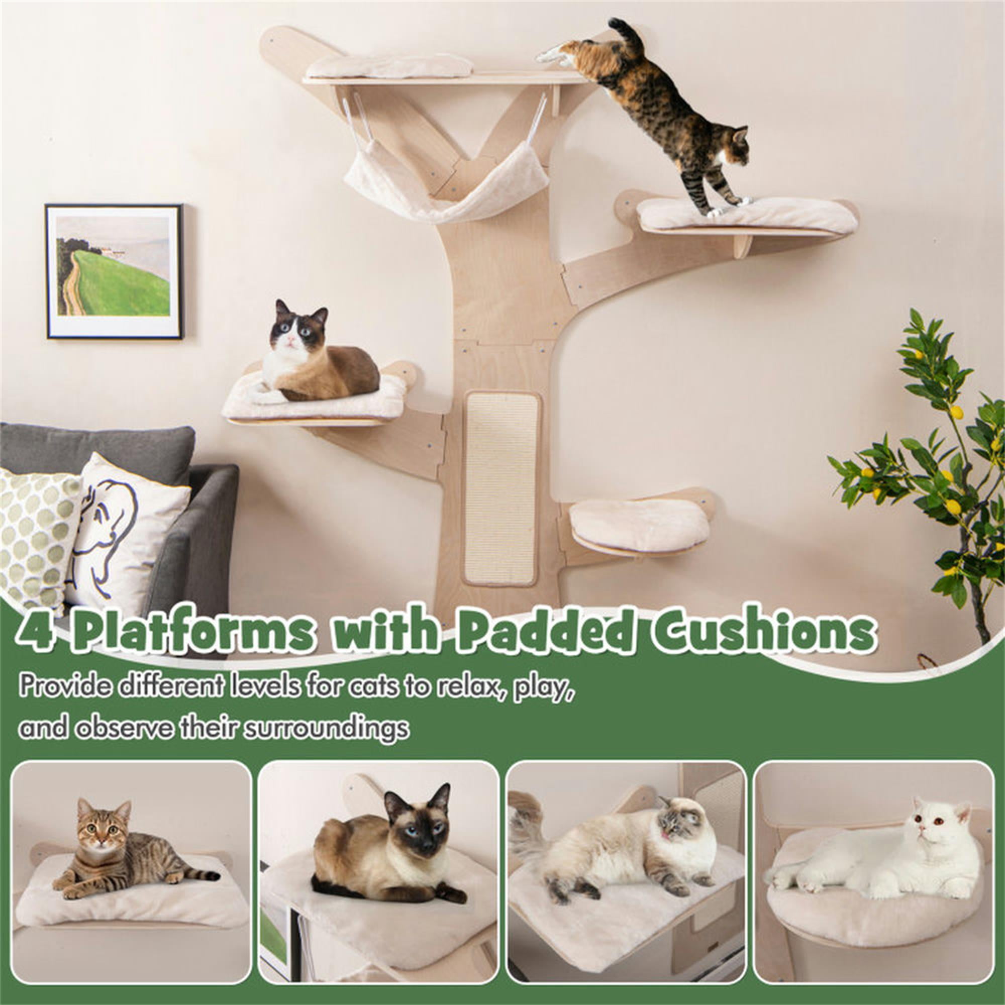 Kadyn 71" Wall Hanging Cat Tree Tower, Mounted Vertical Cat Climber Shelves with Hammock Platforms and Sisal Scratching Mat for Indoor Cats, Beige