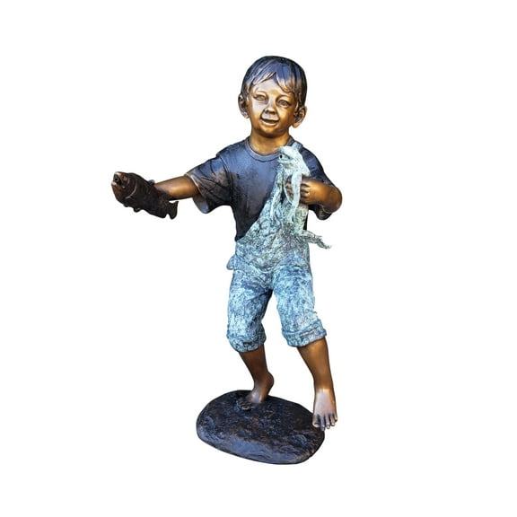 Nifao Outdoor Fountain Statue Bronze Playful Boy with Fish and Frog Garden Patio Water Feature – Garden Outdoor Decor Sculpture, 19"L x 16"W x 32"H