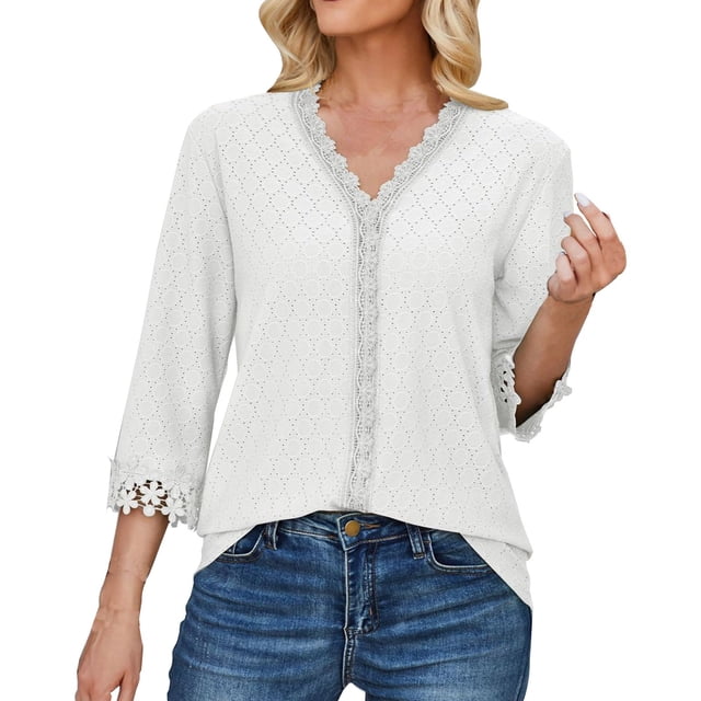 Timegard Hauts pour Femmes Été Dentelle Col en V Blouse à Œillets Manches 3/4 Décontractée Ample Tenue de Plage