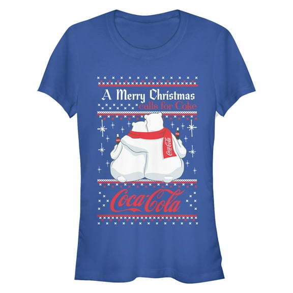 Junior's Coca Cola Merry Christmas Polar Bear Graphic Tee Royal Blue X Large