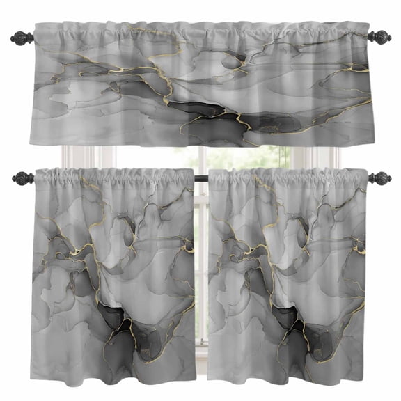 Grey Ombre Marble Kitchen Curtains Sets for Windows 24 Inch Length, Gray Marble Crack Abstract Modern Rod Pocket Window Treatments Tier Curtains and Valances Set for Bedroom/Bathroom