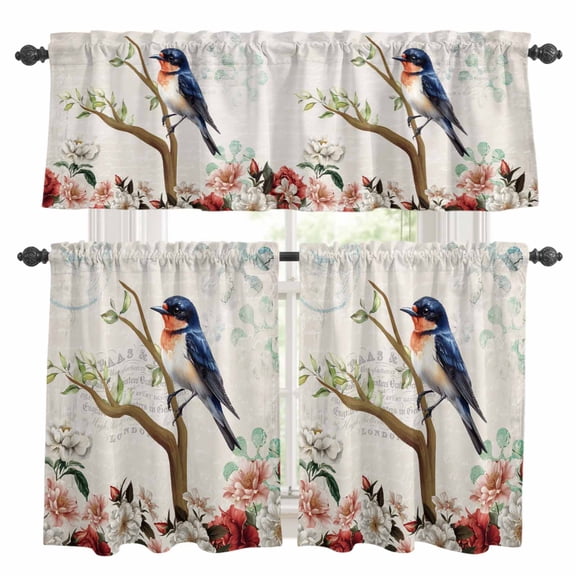 Spring Bird Branch Kitchen Curtains Sets for Windows 36 Inch Length, Farmhouse Vintage Botanical Floral Rod Pocket Window Treatments Tier Curtains and Valances Set for Bedroom/Bathroom