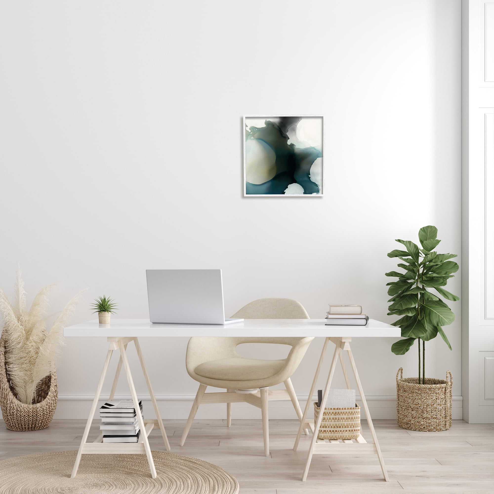Ink Blot Abstraction Dark Grey Blue Distorted Shapes Abstract Framed Art Print Wall Art, 17x17