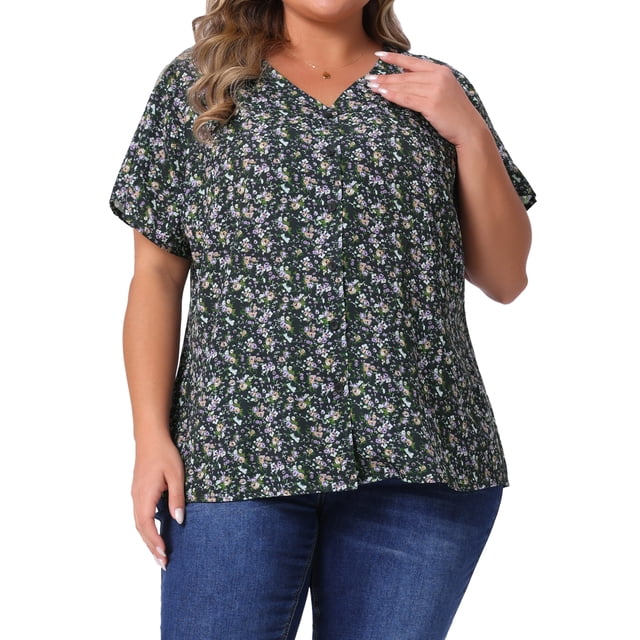 Blusas de mujer de tallas grandes Agnes Orinda, camisas de botones florales, tops de cuello en V, blusas casuales con mangas acampanadas 3X en negro y púrpura