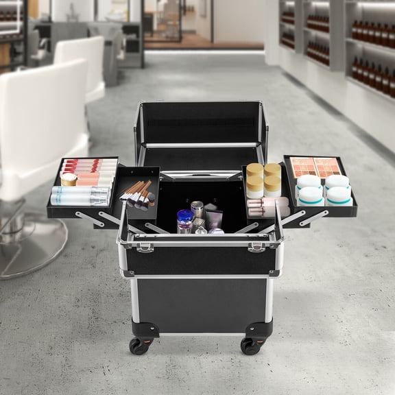 Professional Rolling Makeup Case, 4-Tier Large Capacity Beauty Organizer with Wheels & Handle