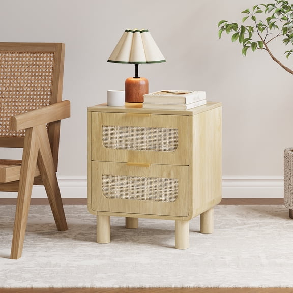 LAZZO Wooden Nightstands Set of 2 with Rattan Drawers, Bedroom Bedside End Tables, Natural Wood