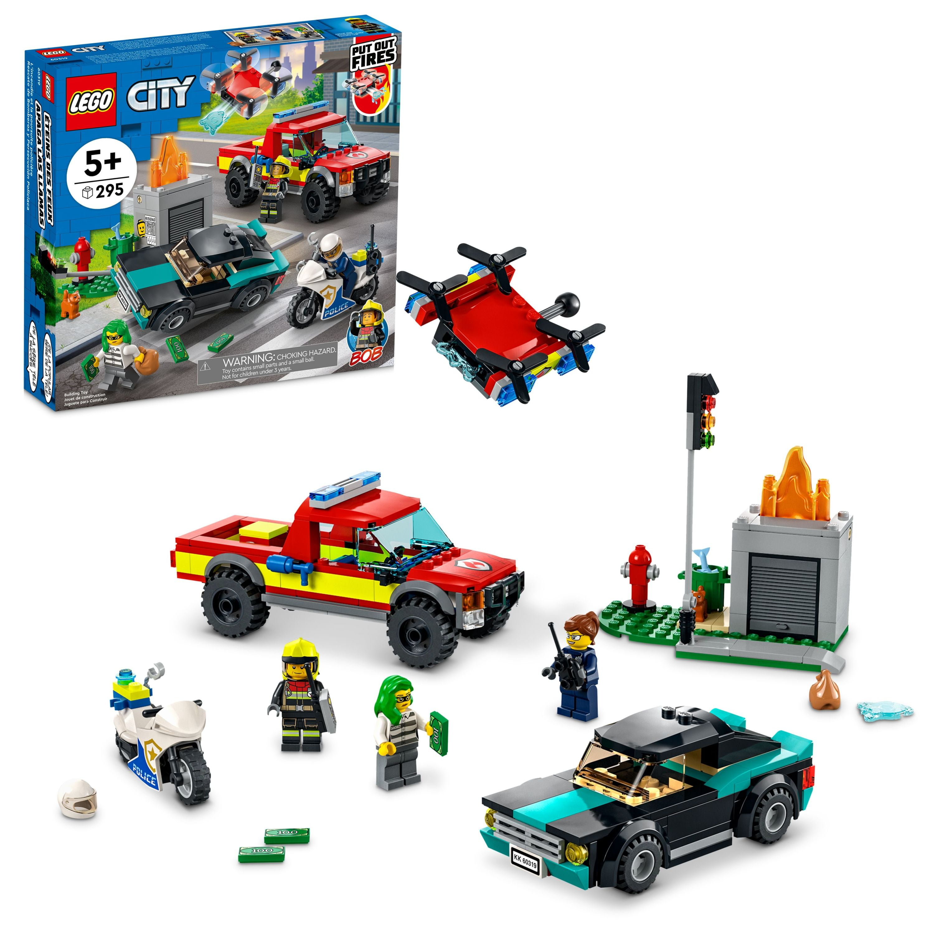 LEGO City Fire Rescue & Police Chase 60319 Building Kit for Ages 5+; With a Fire Pickup, Police Motorbike, Crooks Vehicle, Toy Traffic Light andFlames, Plus 3 Minifigures (295 Pieces)
