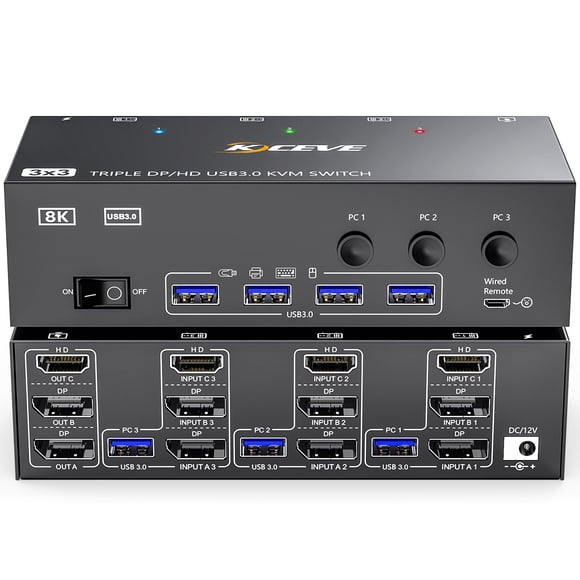 KVM Switch 3 Monitors 3 Computers 8K@60Hz, MLEEDA HDMI + 2* Displayport Triple Monitor KVM Switch,3 Monitor KVM with 4 USB 3.0 Ports for Keyboard Mou