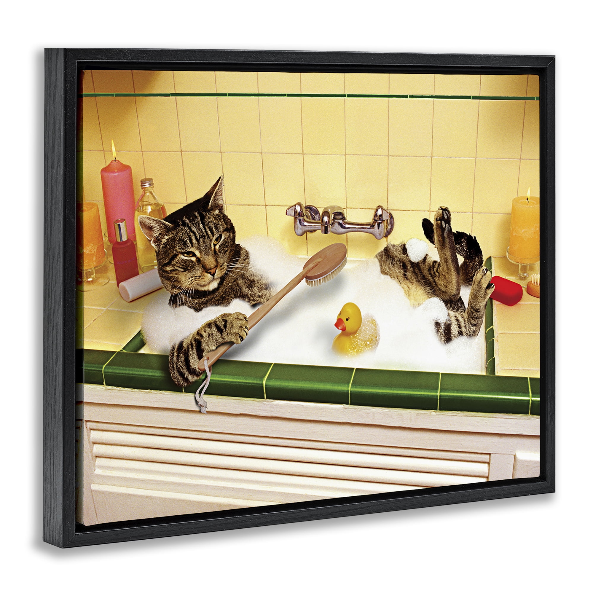 Stupell Industries Cat Bathing in Tub Typography Painting Black Floater Framed Canvas Art Print Wall Art, 31 x 25