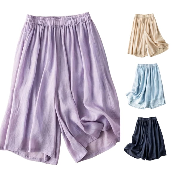 WAYUTE Shorts for Women Wide Leg High Waist Summer Casual Flowy Cropped Pants Soft Lightweight Solid Color Beach Loose Capri Shorts,Purple,2XL