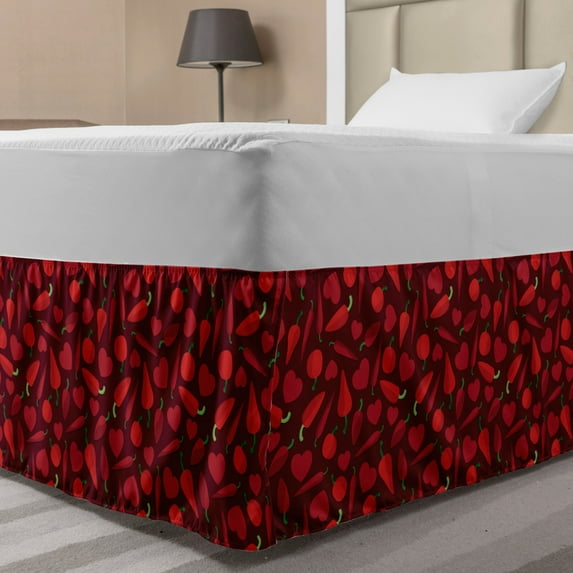 Peppers Bed Skirt, Hearts Peppers and Tomatoes Valentines Day Food Theme Romantic Meal Elements, Elastic Bedskirt Dust Ruffle Wrap Around for Bedding Decor, 4 Sizes, Ruby and Green, by Ambesonne