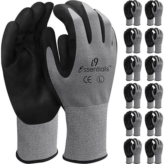 i9 Essentialsâ„¢ Safety Work Gloves, Micro-Foam Nitrile Coated Excellent Grip Glove for Men & Women General Purpose, 12 Pairs
