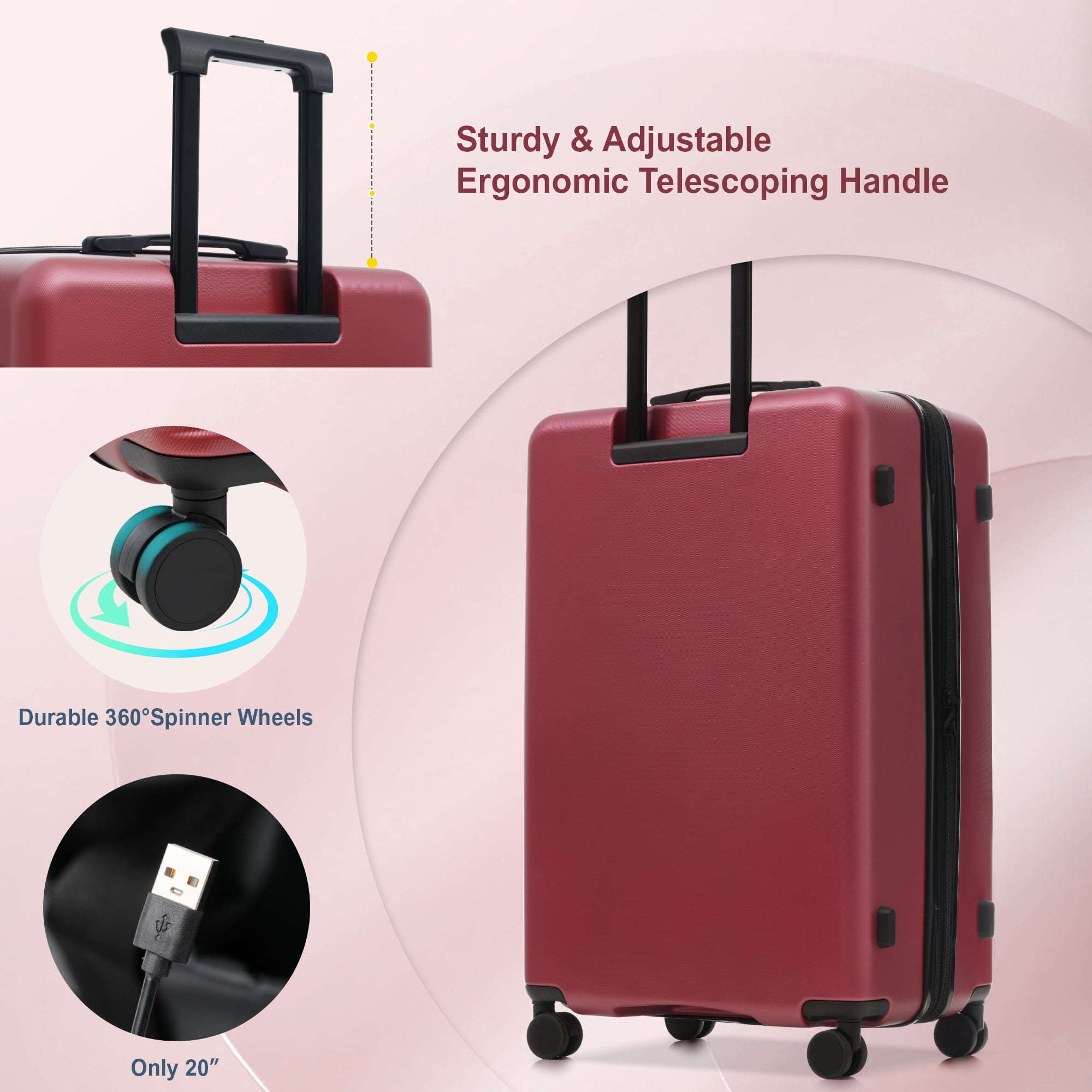 Luggage Sets 5 Piece with Front Opening, Hardside Expandable Carry On Suitcase Set with Double Spinner Wheel, Lightweight Travel Luggage with USB Port, TSA Locks (20"24"28")