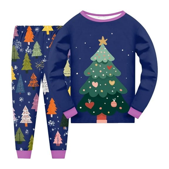 NIEWTR Girls Boys Kids Pajamas Set Button Clothes Long Sleeve Loungewear Sleepwear PJS Xmas Set (2-3 Years,Dark Blue)