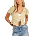 thumbnail image 3 of GILIGEGE Women Crochet Shrug Knit Sweater,Spring Summer Beach Short Sleeve Shrug Cropped Boho Lightweight Sweater,Cover Up Tie Front Tops For Evening Dresses Casual Eyelet Shawl Thin Formal Beige L, 3 of 5