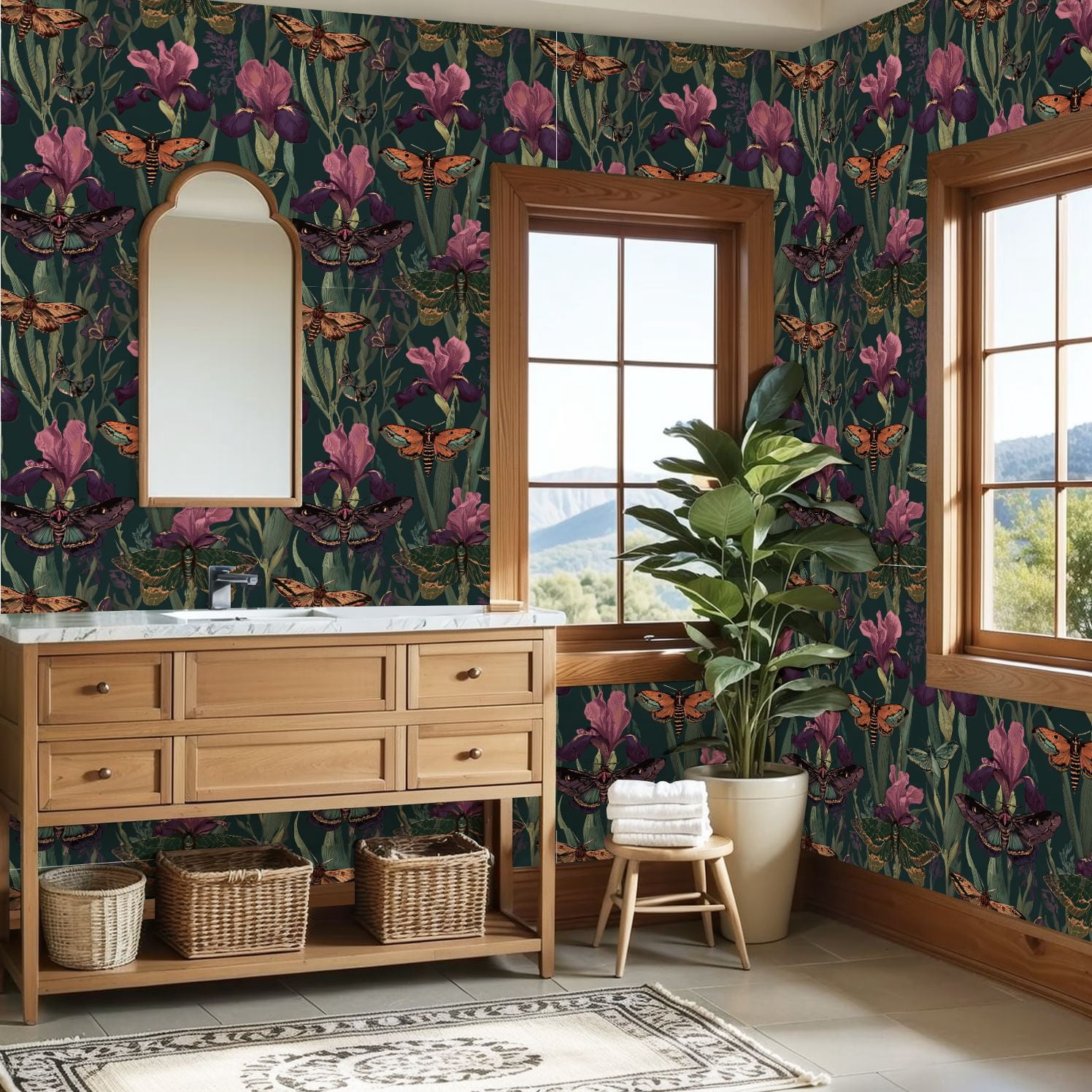 Peel and Stick Wallpaper Moths Butterflies Iris Flowers Dark Botanical Seamless Wall Mural 23.6in x 9.8ft Self Adhesive Removable Wall Paper Renter Friendly Wallpaper for Bedroom Nursery Living Room