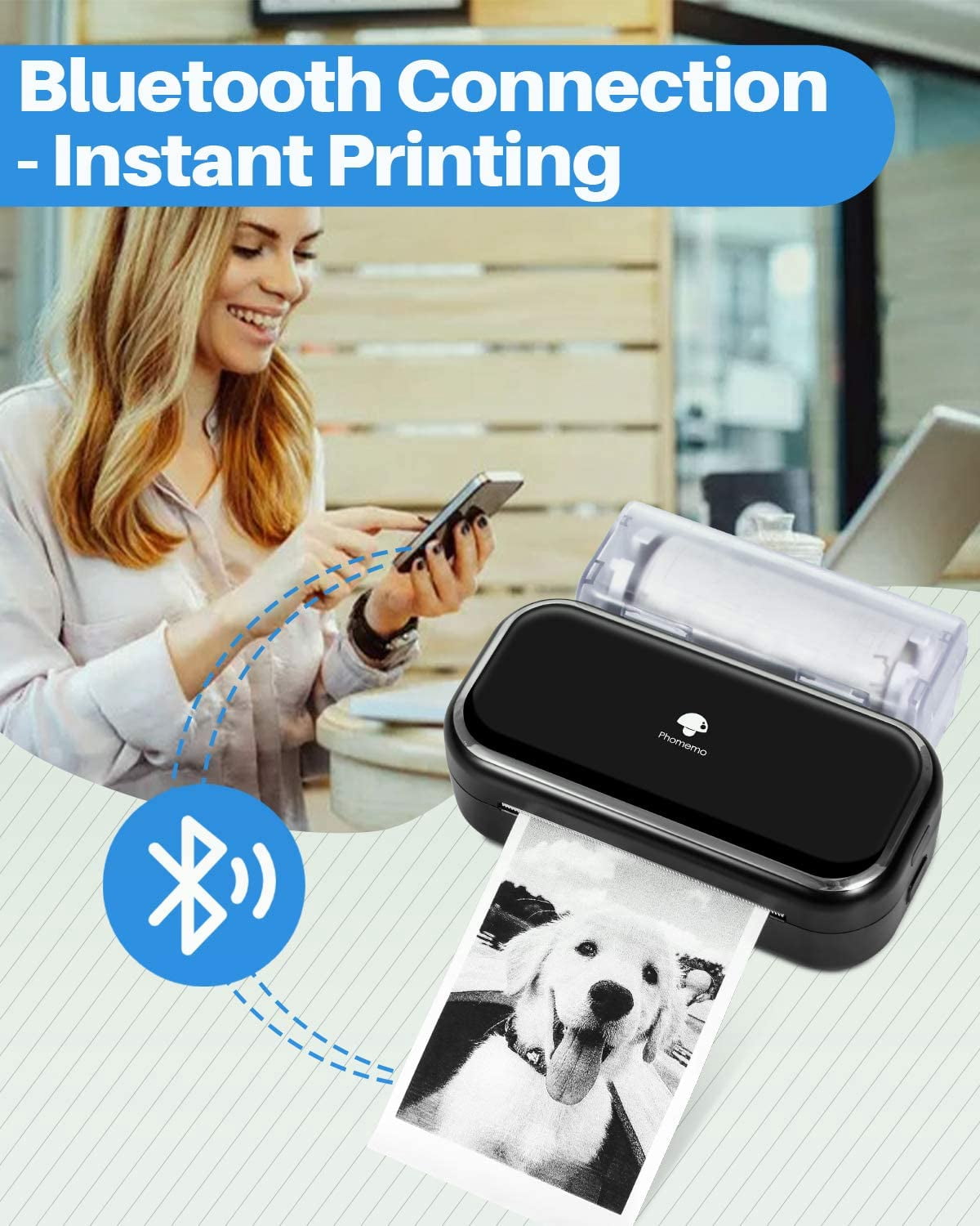 Phomemo M03 Portable Bluetooth Thermal Note Printer - Compatible With 53mm(2inch)/80mm(3inch) Paper Perfect for Notes, Photos, Lists, and More - Gift for Christmas in Stylish（Black）