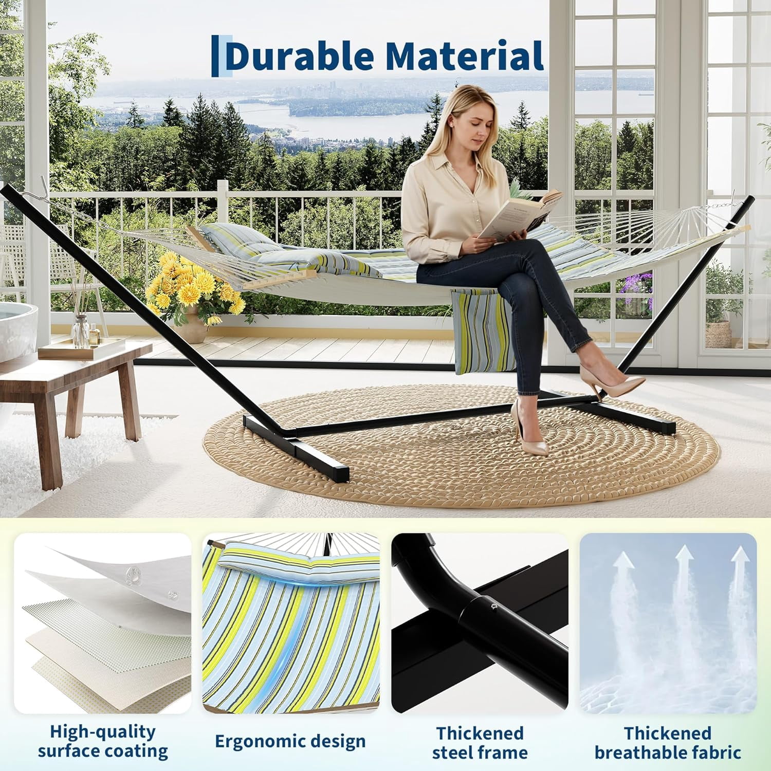 Garvee Double Hammock with Stand, Heavy Duty with Balance Rope, Blue & Green Stripes