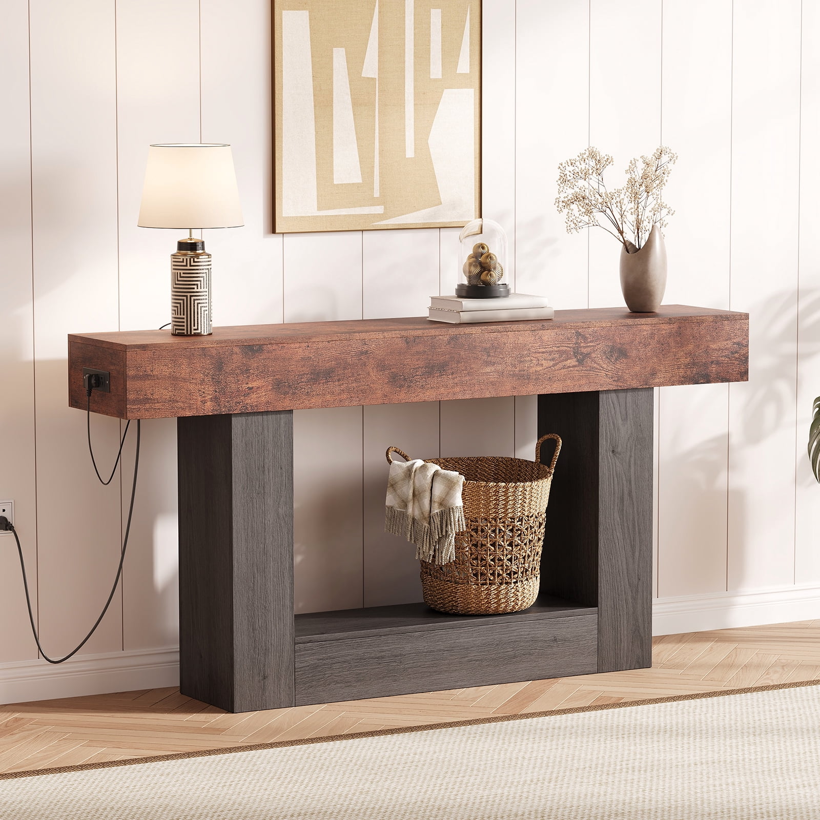 63" Farmhouse Entryway Table with Charging Station, Narrow Console Table with Storage Shelf Slim Sofa Table for Living Room, Brown and Gray