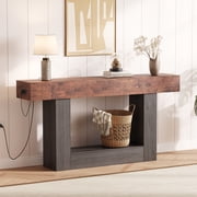 JustSmart 63" Console Table with Outlets, 2-Tier Entryway Sofa Table with Charging Station, Mid-Century Modern Hallway Table, Brown & Gray